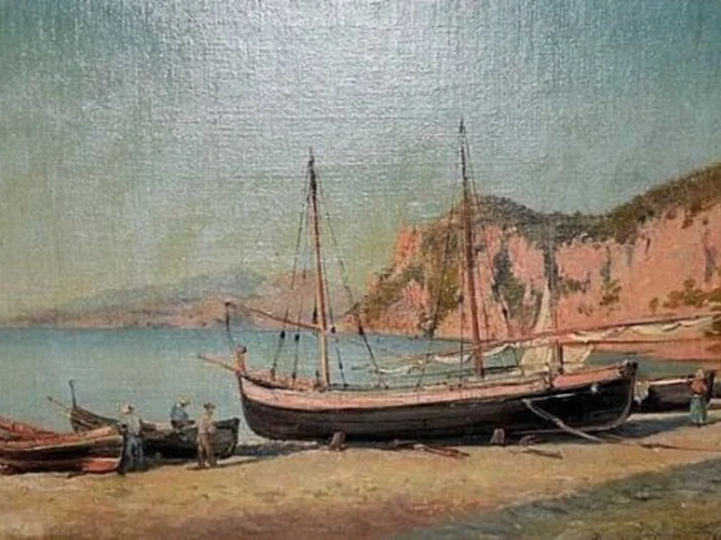 1833-Domenico Ammirato - Paesaggio costiero con barche e pescatori